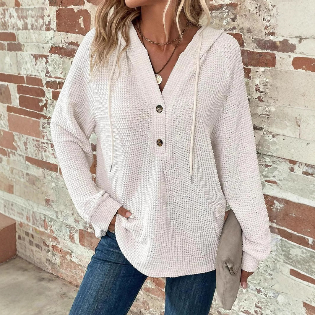Pullover damski z kapturem i guzikami, luźny fason | L&V - 1 - Livia-Moda