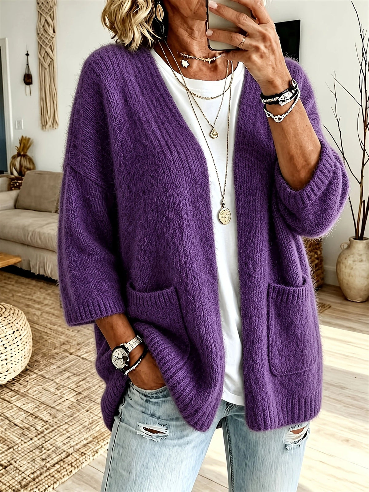 Cardigan damski z luźnym krojem i kieszeniami | L&V - 2 - Livia-Moda