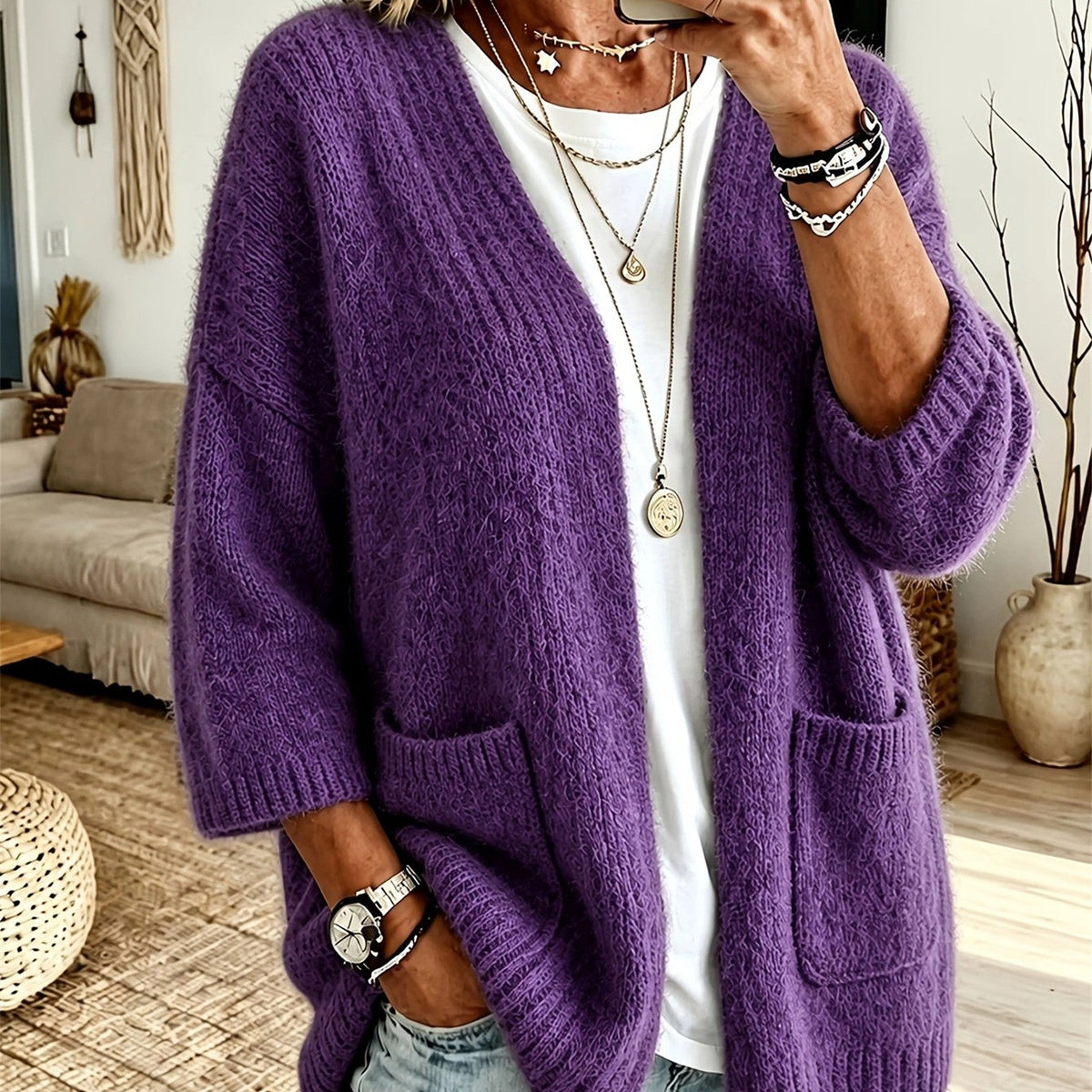Cardigan damski z luźnym krojem i kieszeniami | L&V - 6 - Livia-Moda