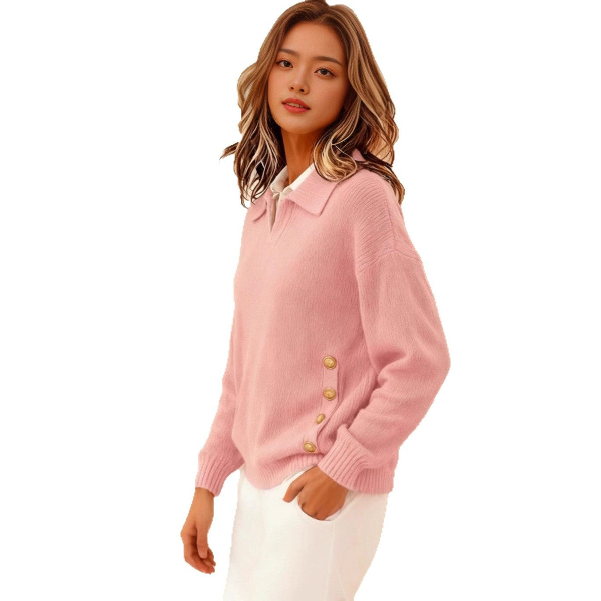 Pullover damski z kołnierzem i guzikami | L&V - 5 - Livia-Moda