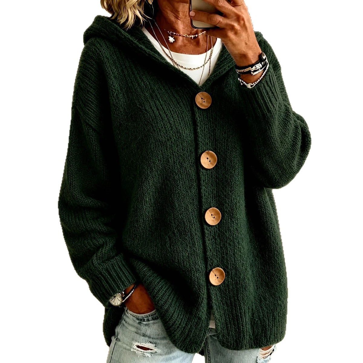 Cardigan damski z kapturem i zapięciem na guziki | L&V - 4 - Livia-Moda