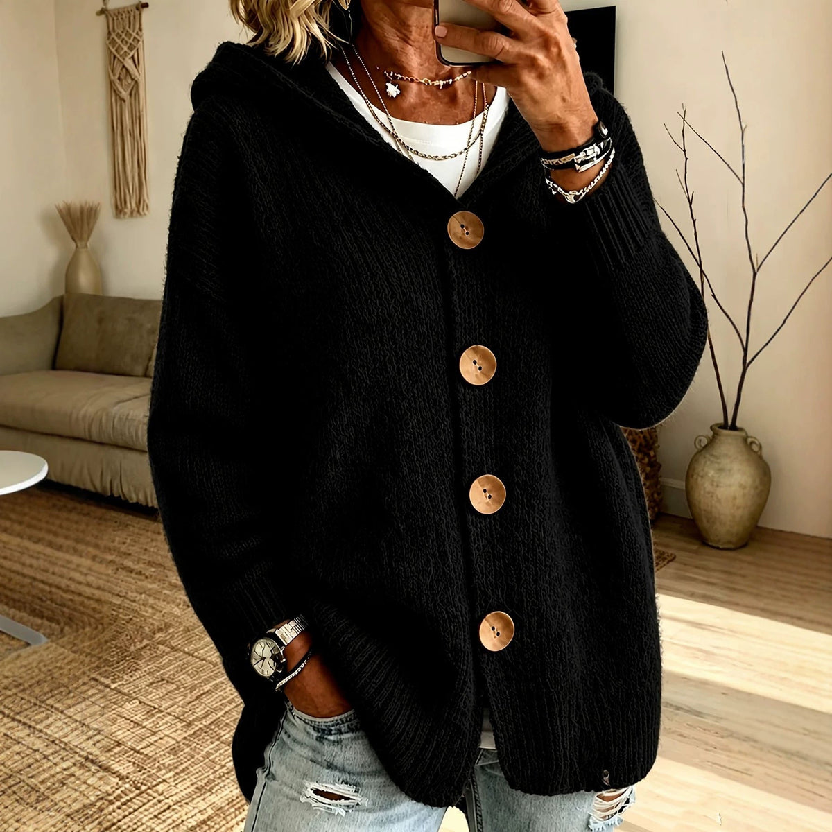 Cardigan damski z kapturem i zapięciem na guziki | L&V - 6 - Livia-Moda