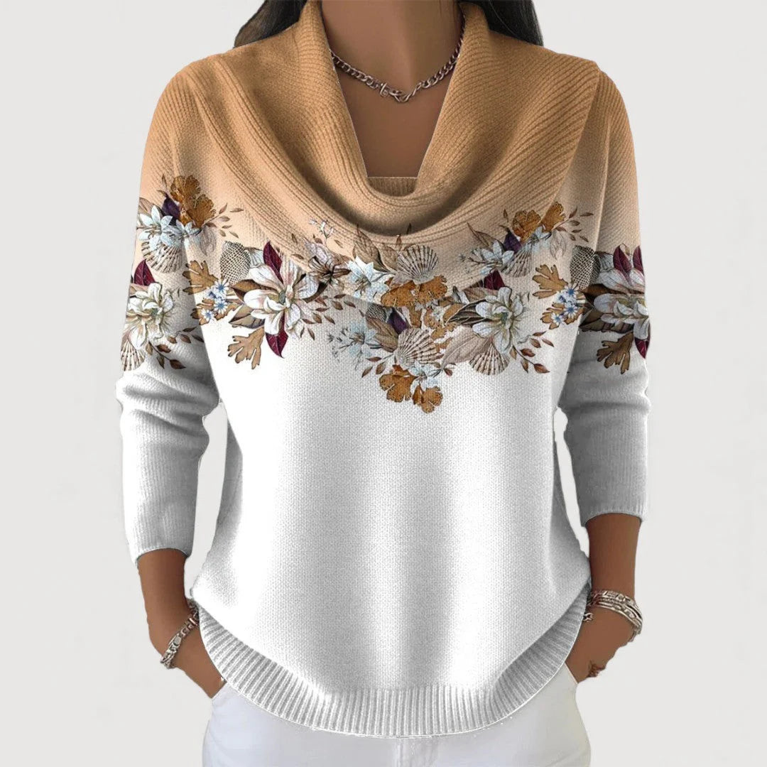 Pullover damski z dekoltem w serek i kwiatowym motywem | L&V - 1 - Livia-Moda