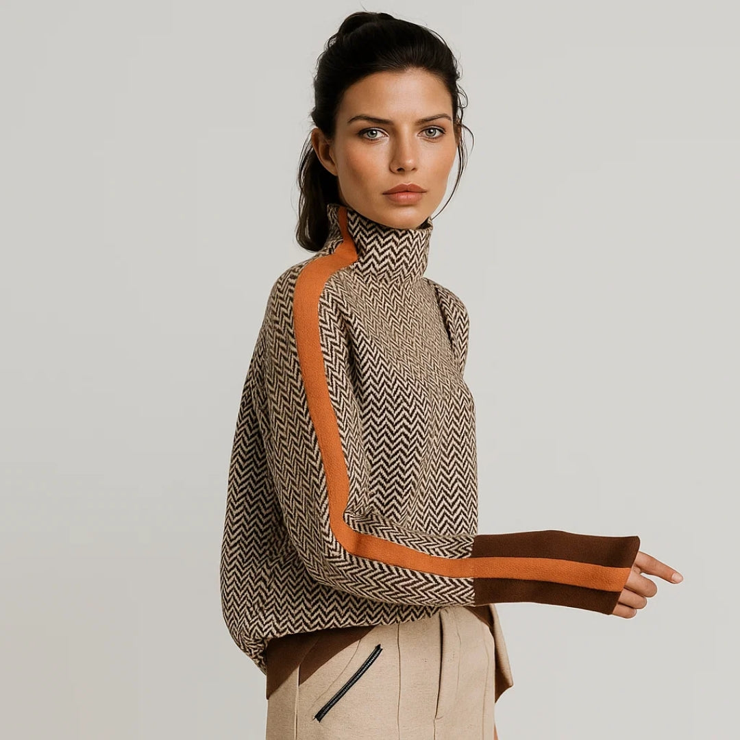 Pullover damski z wysokim kołnierzem i nowoczesnym wzorem | L&V - 1 - Livia-Moda