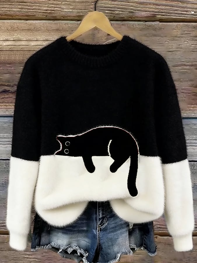 Pullover damski z motywem kota i luźnym krojem | L&V - 3 - Livia-Moda