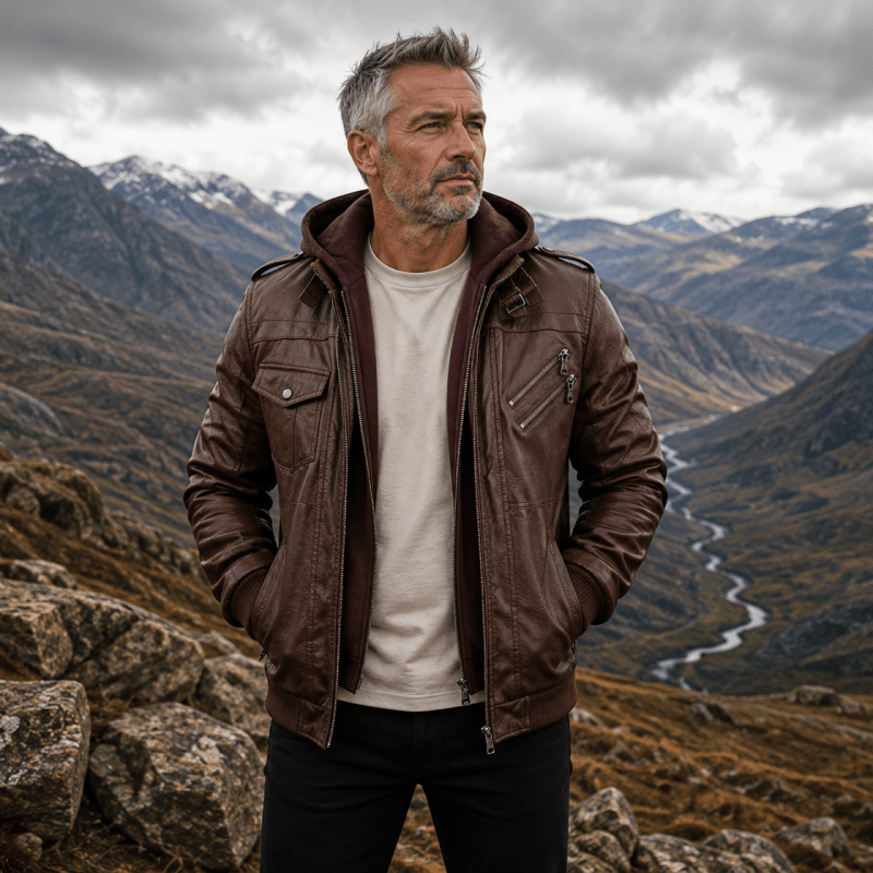 Kurtka męska skórzana z odpinanym kapturem i asymetrycznym zamkiem | L&V - 3 - Livia-Moda