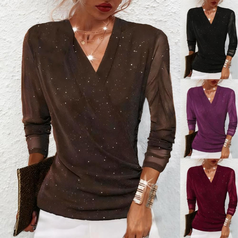 Bluzka damska z dekoltem w serek i transparentnymi rękawami | L&V - 1 - Livia-Moda