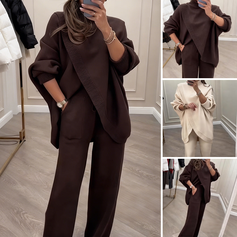 Stylowy zestaw damski z asymetrycznym swetrem i szerokimi spodniami | L&V - 1 - Livia-Moda