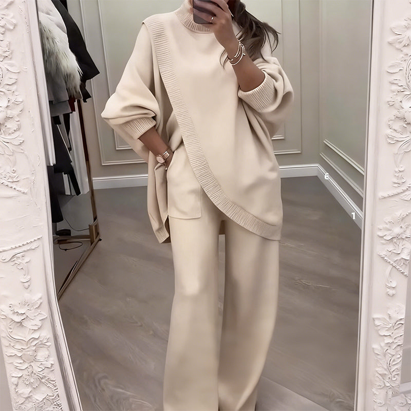 Stylowy zestaw damski z asymetrycznym swetrem i szerokimi spodniami | L&V - 2 - Livia-Moda