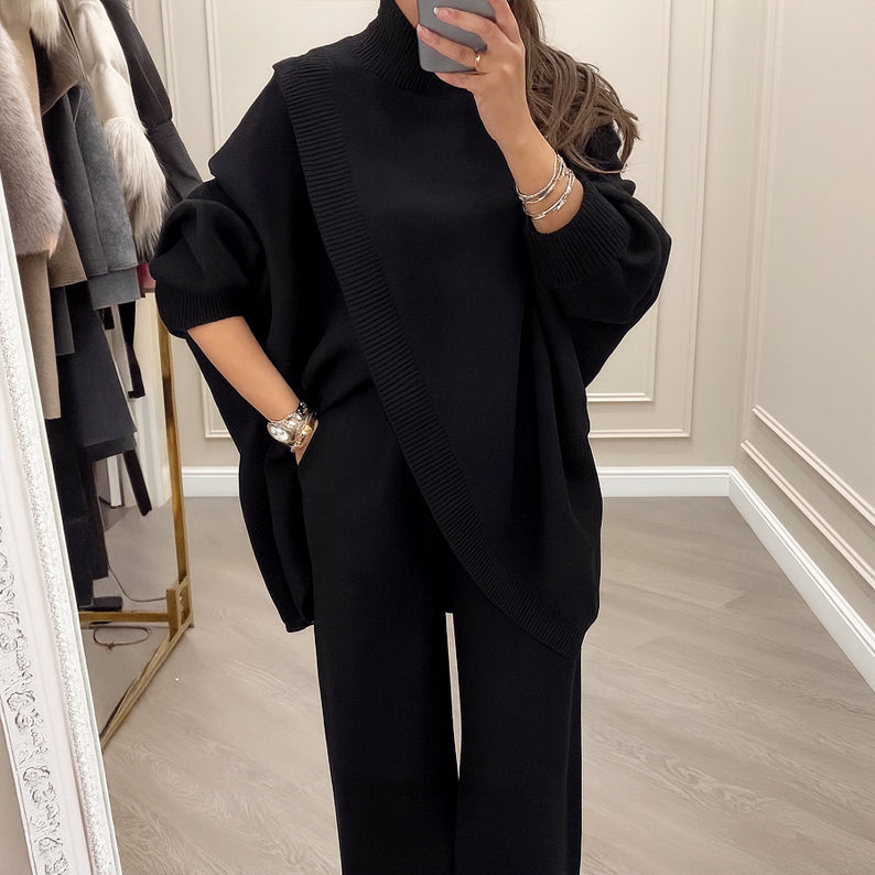 Stylowy zestaw damski z asymetrycznym swetrem i szerokimi spodniami | L&V - 4 - Livia-Moda