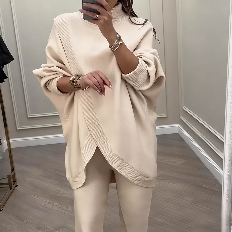 Stylowy zestaw damski z asymetrycznym swetrem i szerokimi spodniami | L&V - 5 - Livia-Moda