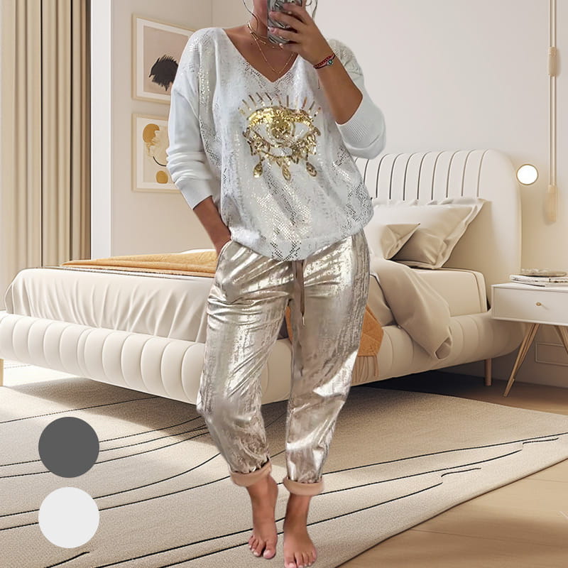 Outfit damski z dekoltem w serek i błyszczącymi detalami | L&V - 1 - Livia-Moda
