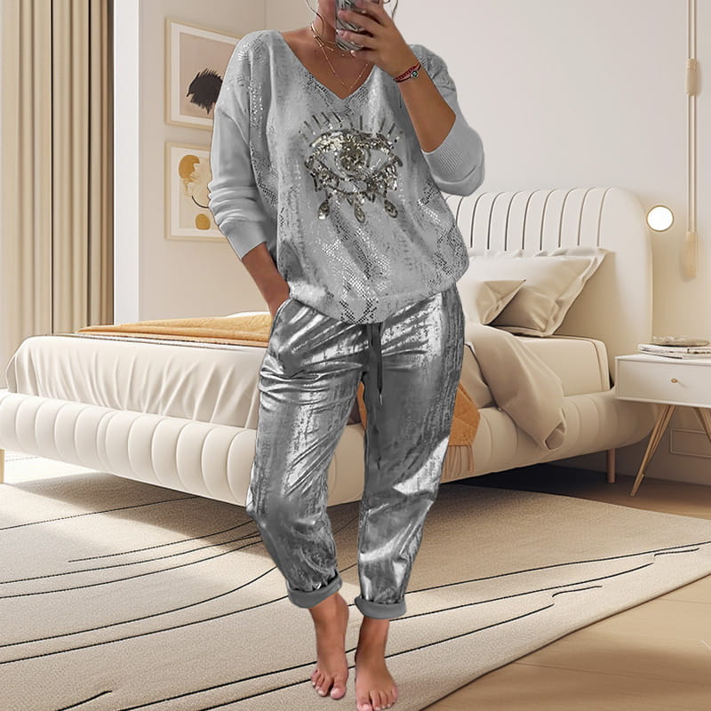 Outfit damski z dekoltem w serek i błyszczącymi detalami | L&V - 2 - Livia-Moda