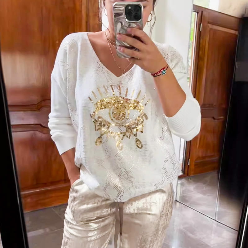 Outfit damski z dekoltem w serek i błyszczącymi detalami | L&V - 3 - Livia-Moda
