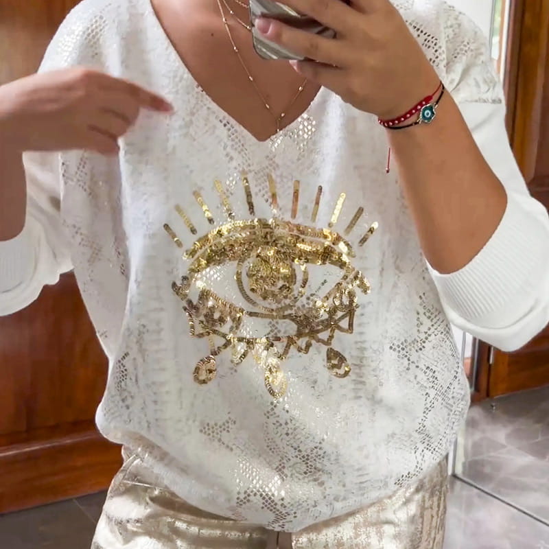 Outfit damski z dekoltem w serek i błyszczącymi detalami | L&V - 6 - Livia-Moda