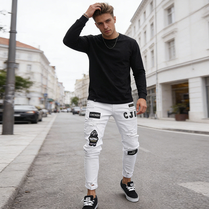 Jeansy męskie slim fit z przetarciami i naszywkami | L&V - 1 - Livia-Moda