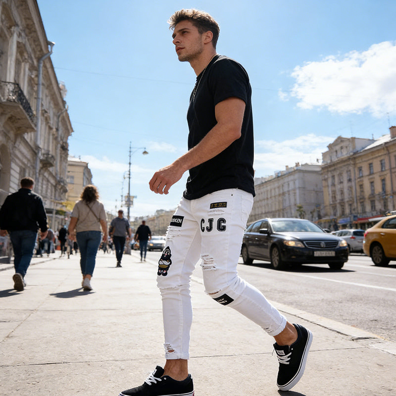 Jeansy męskie slim fit z przetarciami i naszywkami | L&V - 2 - Livia-Moda