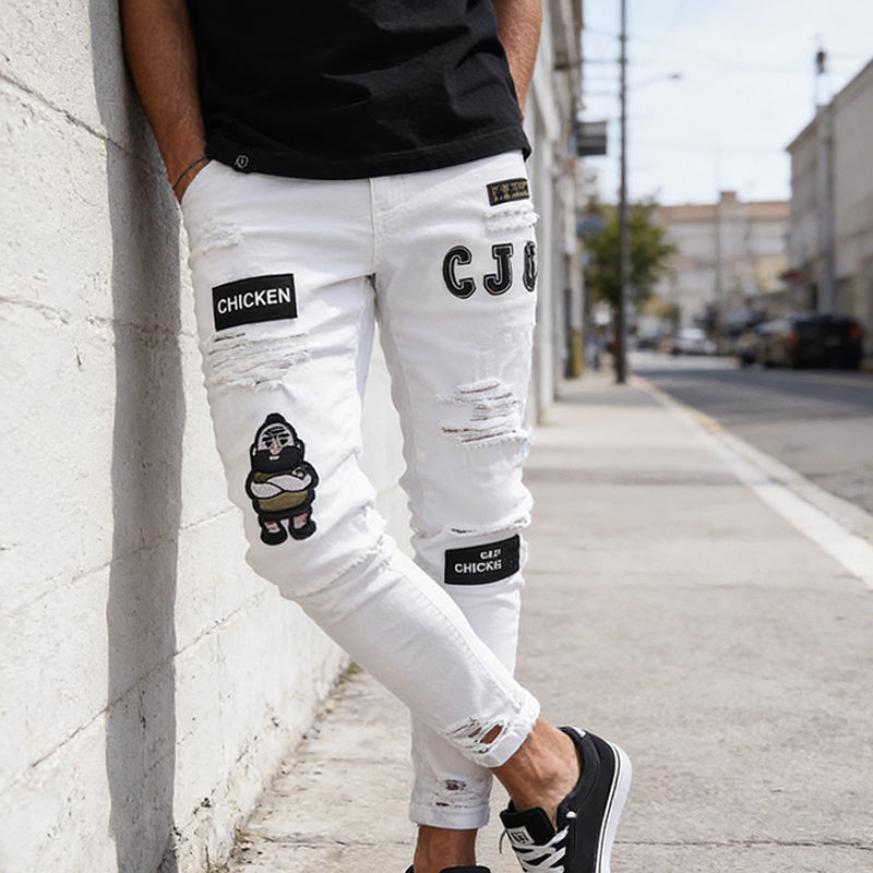 Jeansy męskie slim fit z przetarciami i naszywkami | L&V - 3 - Livia-Moda
