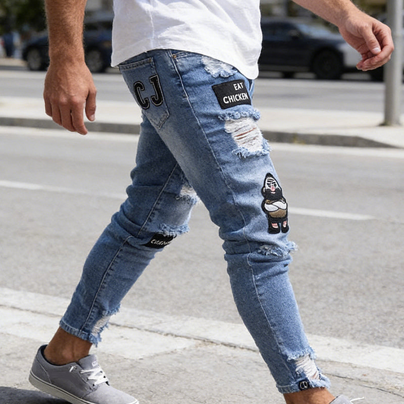Jeansy męskie slim fit z przetarciami i naszywkami | L&V - 4 - Livia-Moda