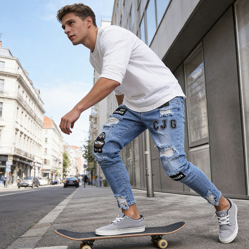 Jeansy męskie slim fit z przetarciami i naszywkami | L&V - 7 - Livia-Moda