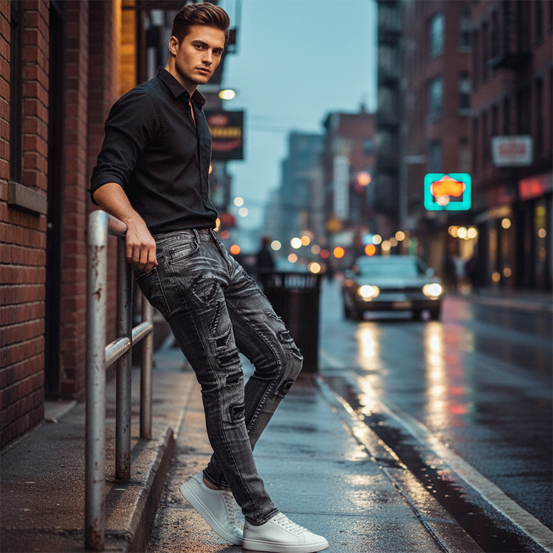 Jeansy męskie Slim-Fit z przetarciami | L&V - 1 - Livia-Moda