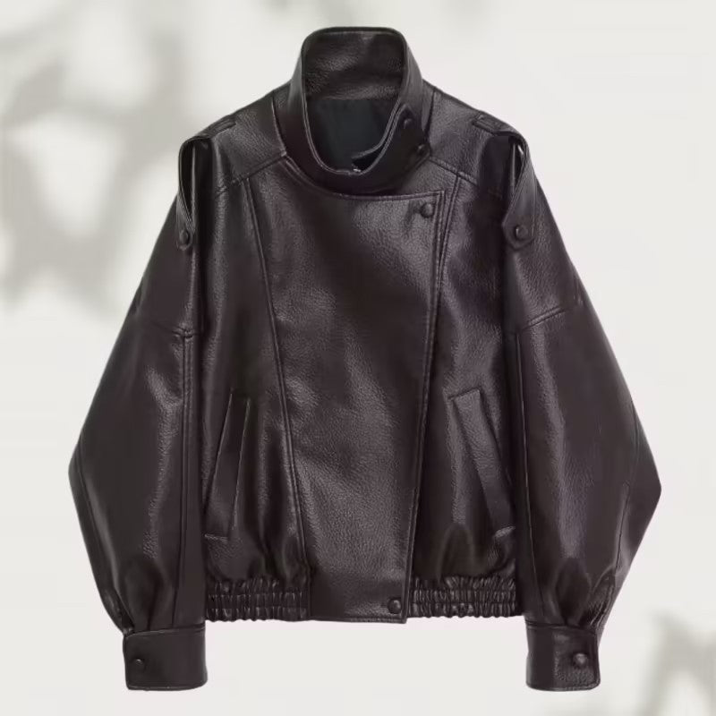 Damska kurtka typu biker z asymetrycznym kołnierzem i regulowanym ściągaczem | L&V - 1 - Livia-Moda