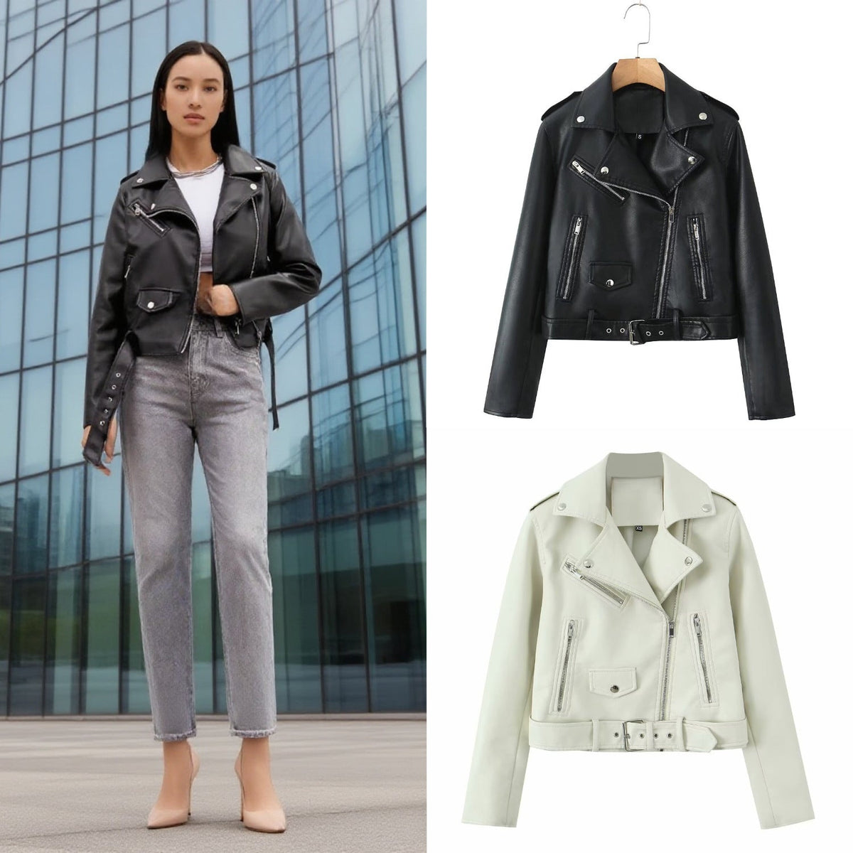 Kurtka damska Biker z asymetrycznym zapięciem i regulowanym paskiem | L&V - 1 - Livia-Moda