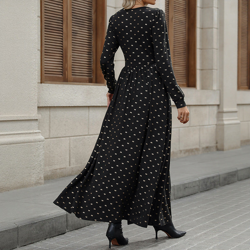 Sukienka maxi damska z długim rękawem i rozcięciem | L&V - 4 - Livia-Moda