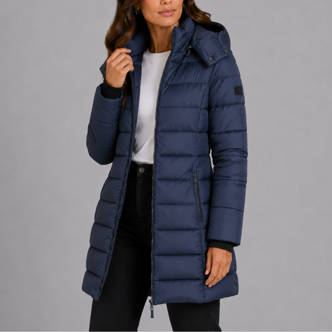 Damski Długi Puchowy Płaszcz z Kapturem i Zamek - Elegancka Sylwetka - 1 - Livia-Moda