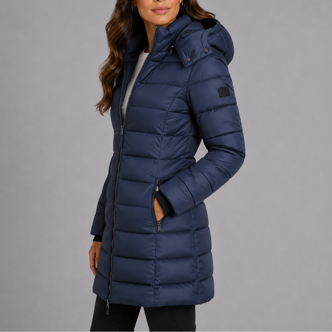 Damski Długi Puchowy Płaszcz z Kapturem i Zamek - Elegancka Sylwetka - 2 - Livia-Moda