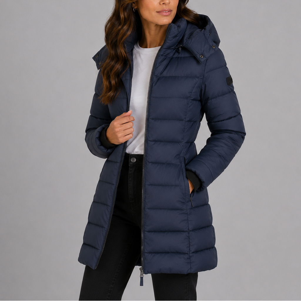 Damski Długi Puchowy Płaszcz z Kapturem i Zamek - Elegancka Sylwetka - 4 - Livia-Moda