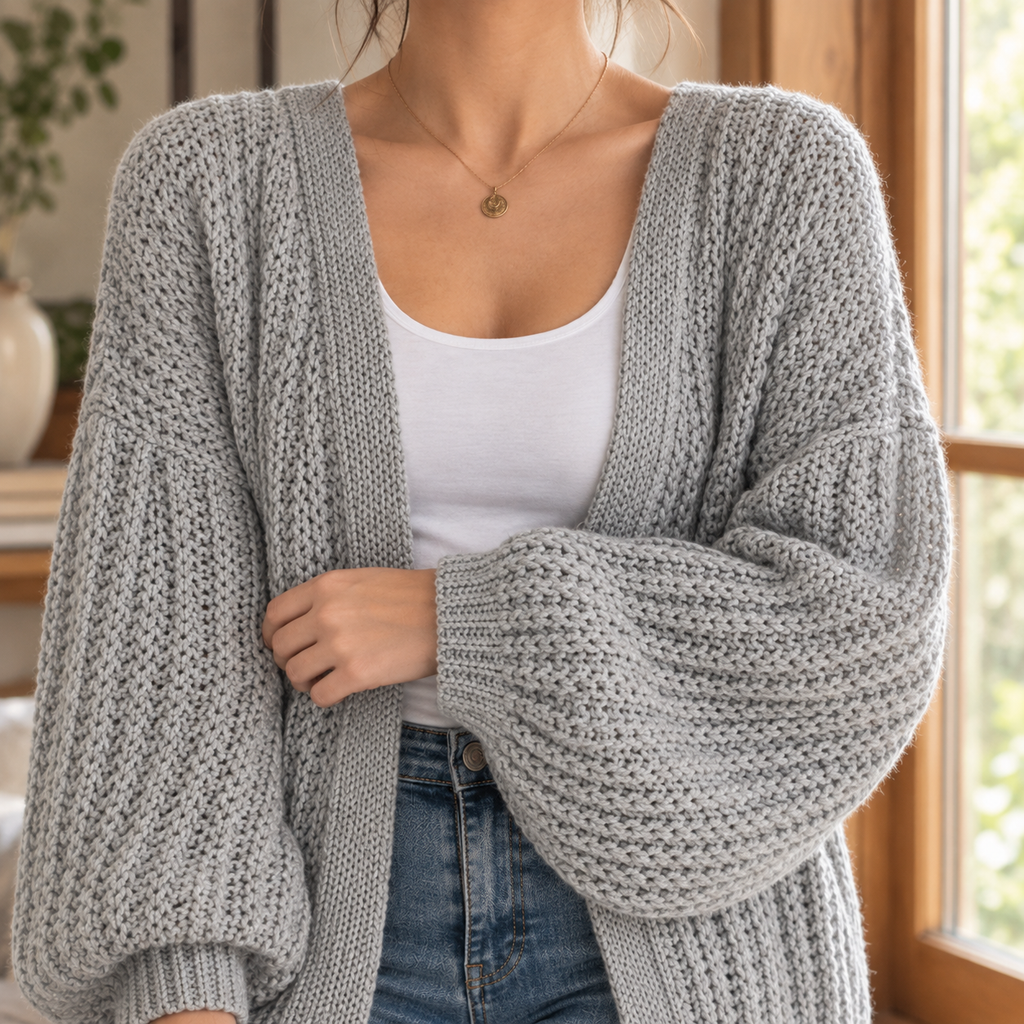 Cardigan damski z luźnym krojem i balonowymi rękawami z otwartym przodem - 2 - Livia-Moda
