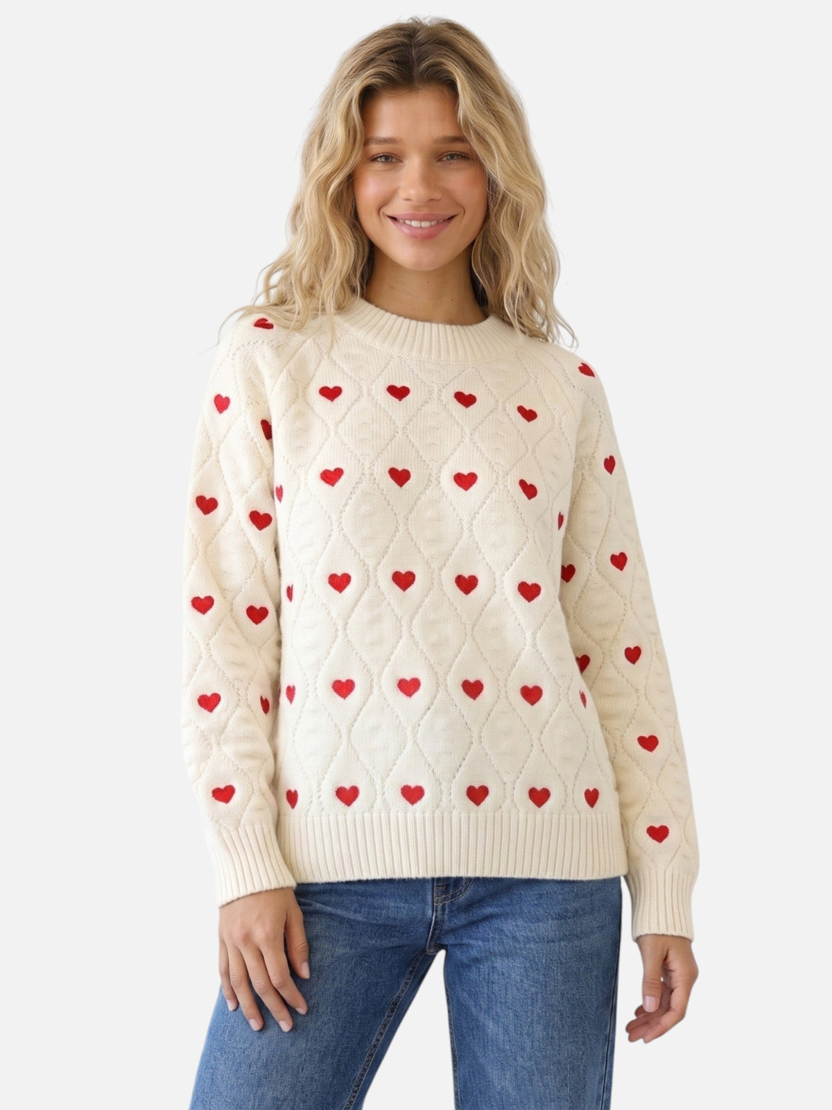 Pullover damski o klasycznym kroju z motywem serca - 1 - Livia-Moda