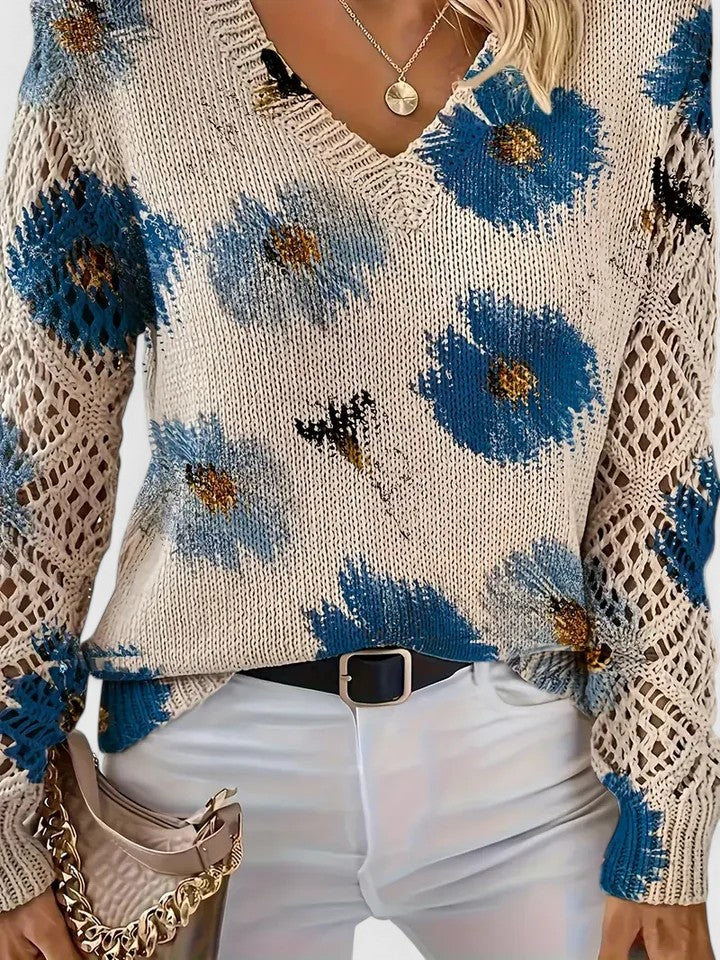 Pullover damski z dekoltem w serek i luźnym krojem z detalami - 1 - Livia-Moda