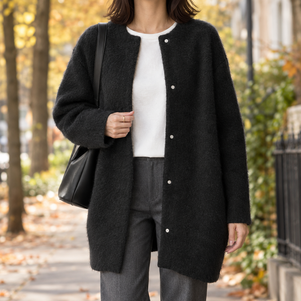 Cardigan damski z luźnym krojem i okrągłym dekoltem - 1 - Livia-Moda