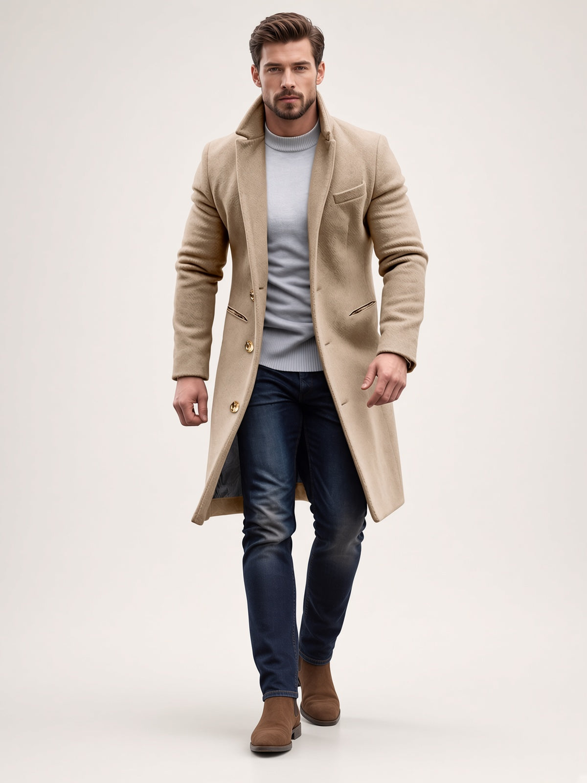 Płaszcz męski klasyczny z długim krojem i eleganckimi detalami - 1 - Livia-Moda