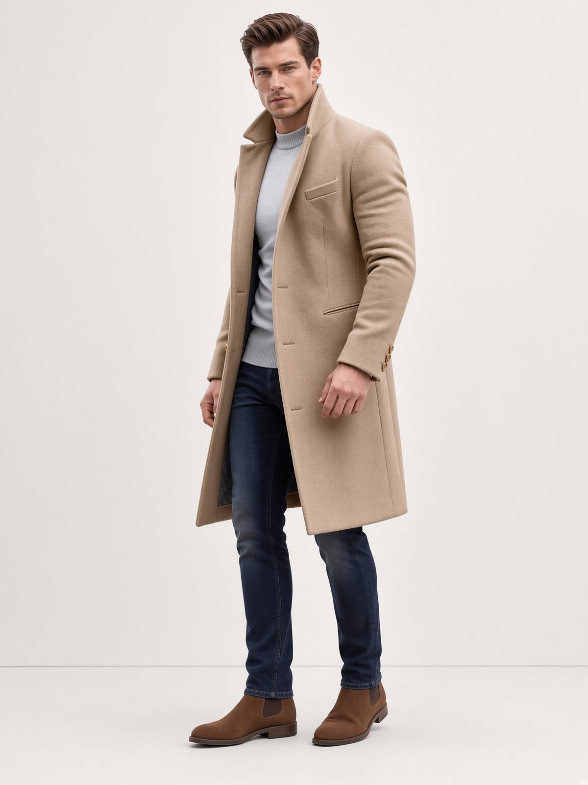 Płaszcz męski klasyczny z długim krojem i eleganckimi detalami - 2 - Livia-Moda