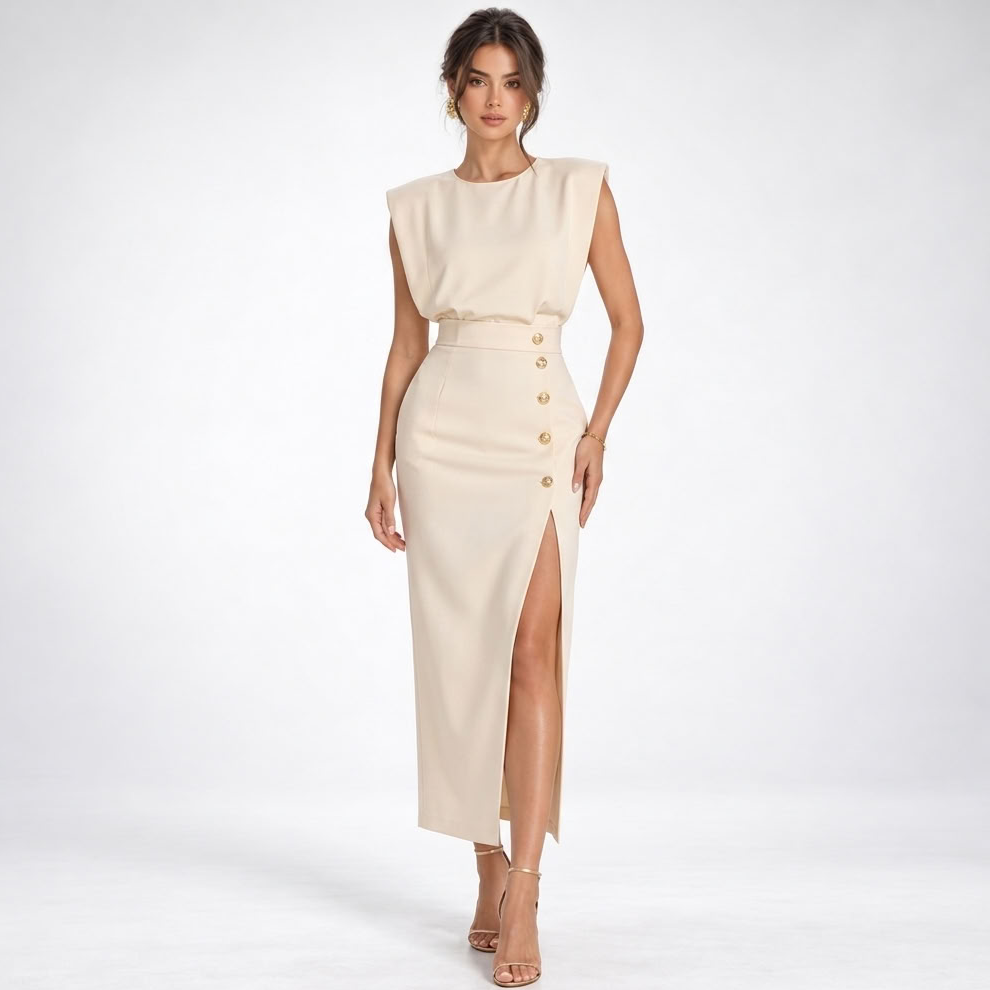 Sukienka maxi damska z eleganckim krojem i rozcięciem - 1 - Livia-Moda