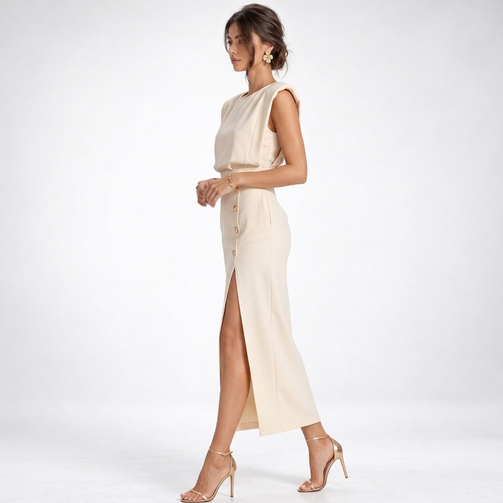 Sukienka maxi damska z eleganckim krojem i rozcięciem - 3 - Livia-Moda