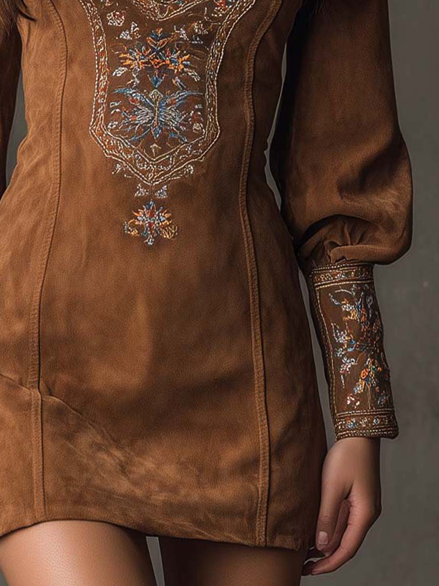 Sukienka mini damska z dekoltem V i bufkami, w kolorze brązowym - 6 - Livia-Moda