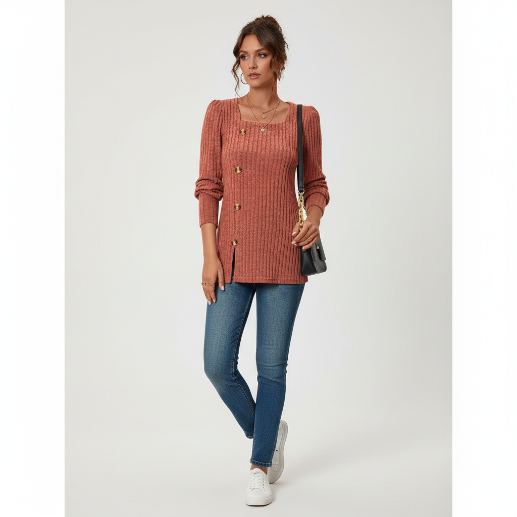 Pullover damski z kwadratowym dekoltem i długimi rękawami - 4 - Livia-Moda