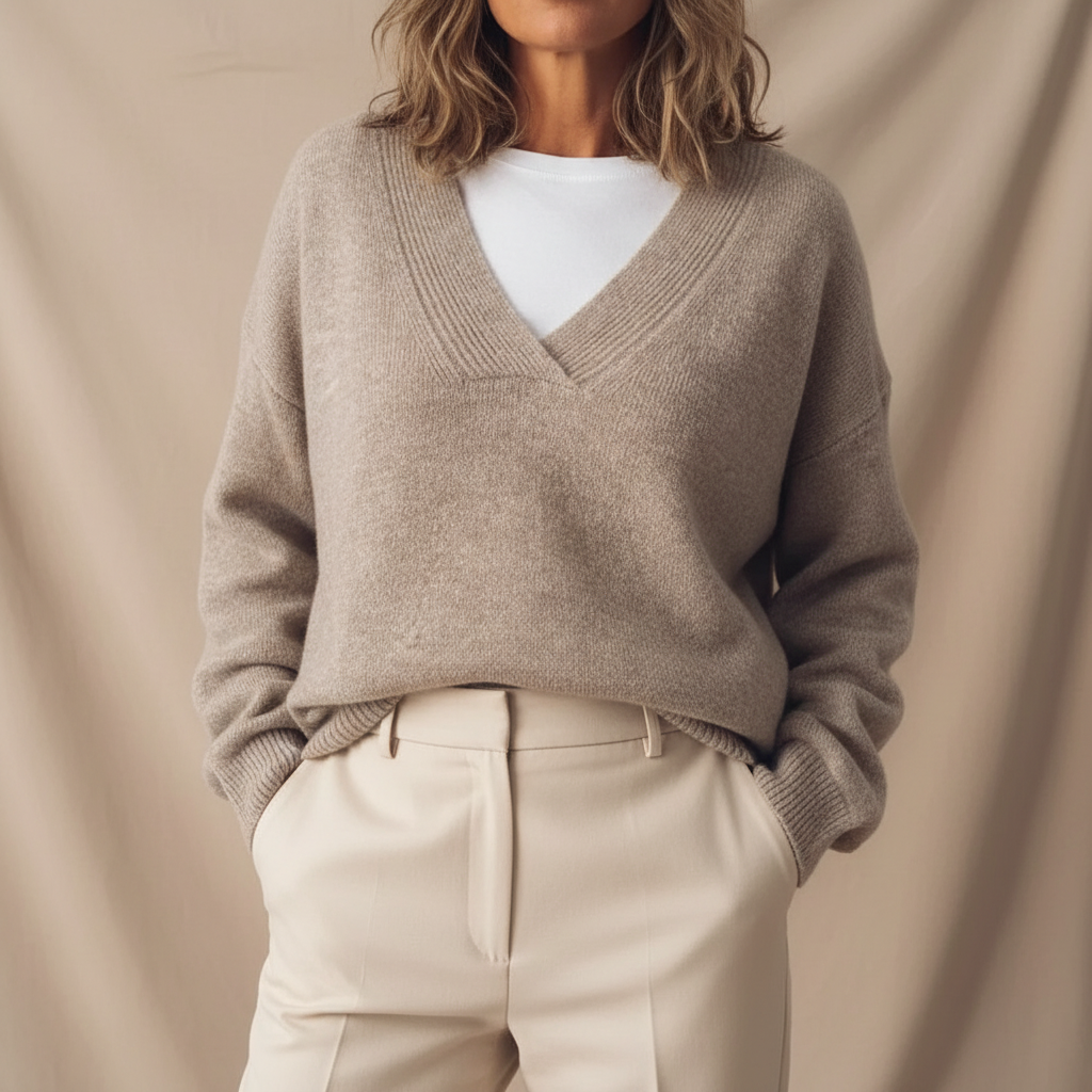 Pullover damski z dekoltem w serek i luźnym krojem - 1 - Livia-Moda