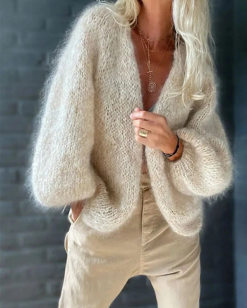 Cardigan damski z luźnym krojem i bufiastymi rękawami - 1 - Livia-Moda