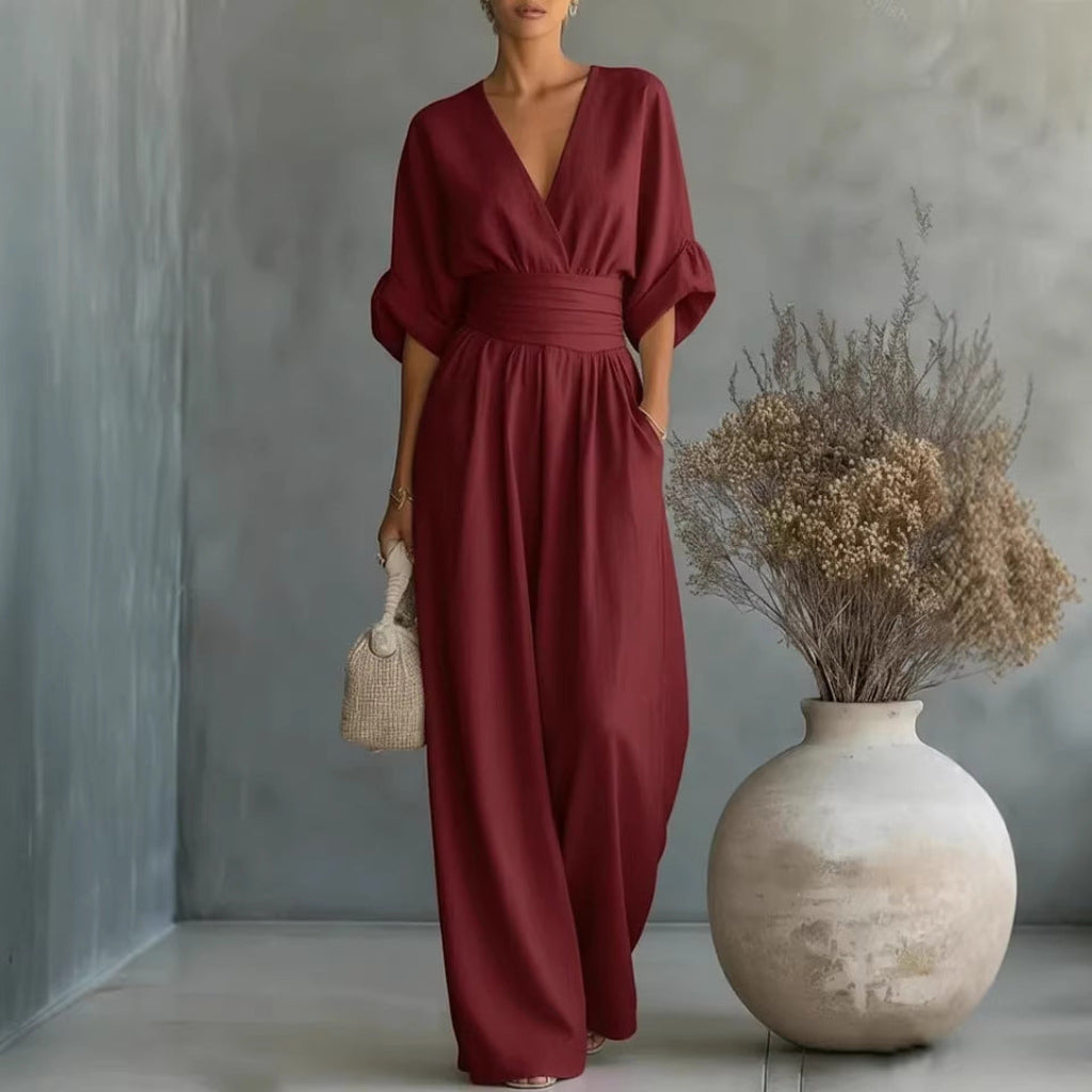 Sukienka damska maxi dekolt V luźna z paskiem - 1 - Livia-Moda