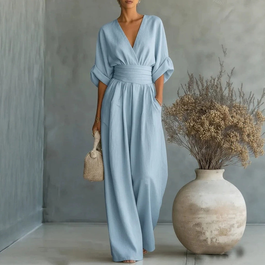 Sukienka damska maxi dekolt V luźna z paskiem - 2 - Livia-Moda
