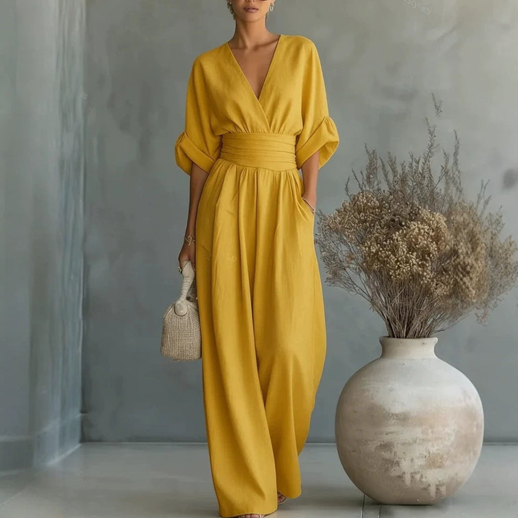 Sukienka damska maxi dekolt V luźna z paskiem - 5 - Livia-Moda