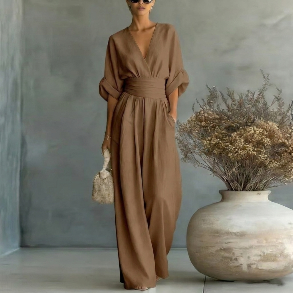 Sukienka damska maxi dekolt V luźna z paskiem - 6 - Livia-Moda