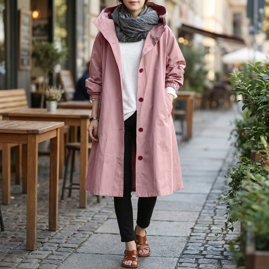 Kurtka damska z kapturem w kolorze różowym, luźny krój z guzikami - 1 - Livia-Moda