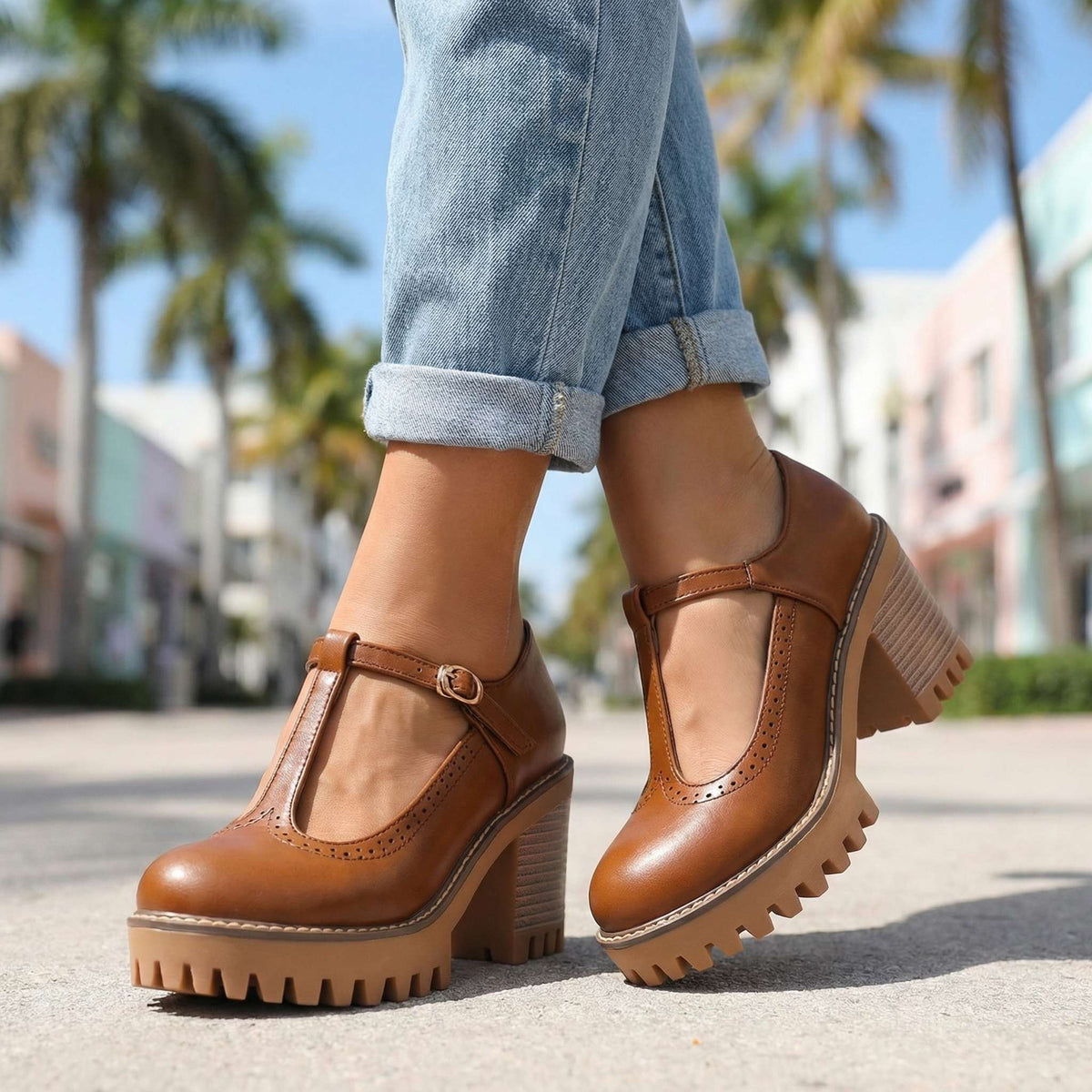 Obcasy damskie Mary Jane z T-Strap i blokowym obcasem - 9 - Livia-Moda