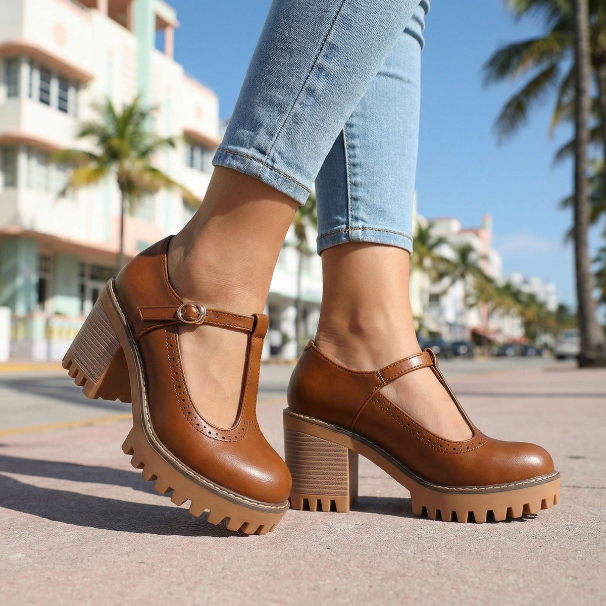 Obcasy damskie Mary Jane z T-Strap i blokowym obcasem - 13 - Livia-Moda